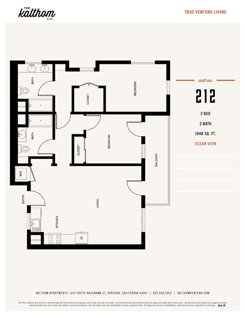 Floor plan for 2 beds, 2 baths, 1107 sqft