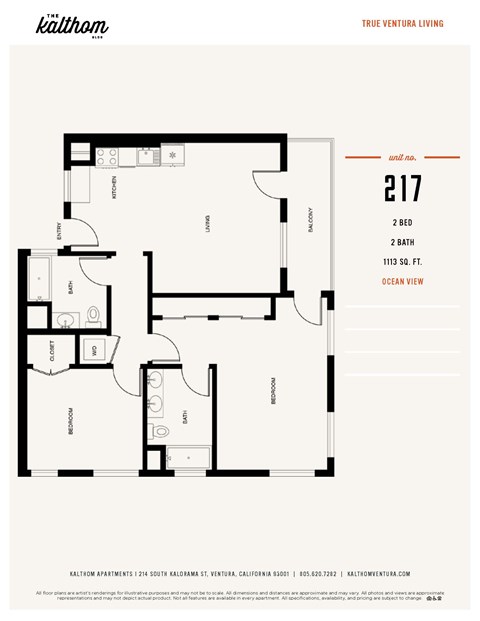 Floor plan for 2 beds, 2 baths, 1107 sqft