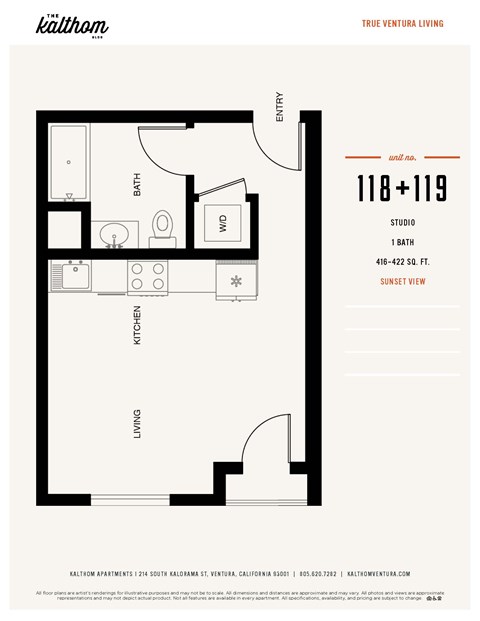 Floor plan for studio, 1 bath, 443 sqft