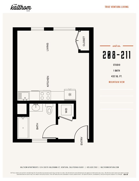 Floor plan for studio, 1 bath, 432 sqft