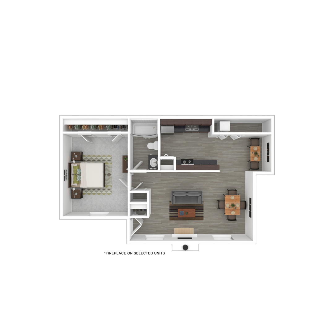 Floor plan for 1 bed, 1 bath, 688 sqft