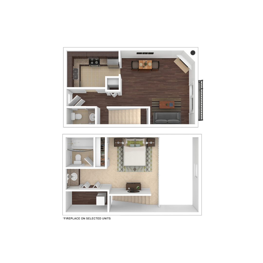 Floor plan for 1 bed, 1.5 baths, 734 sqft