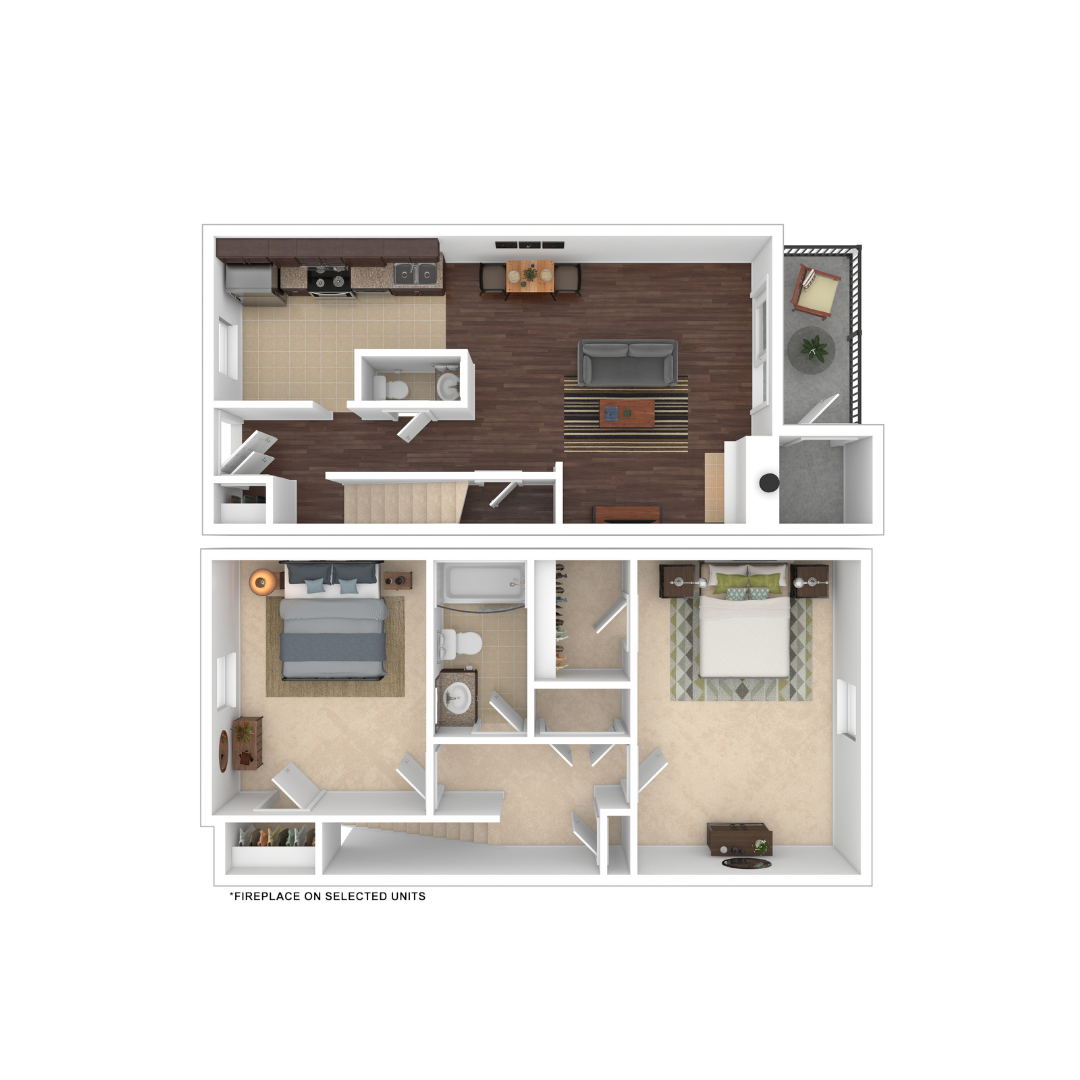 Floor plan for 2 beds, 1.5 baths, 1072 sqft