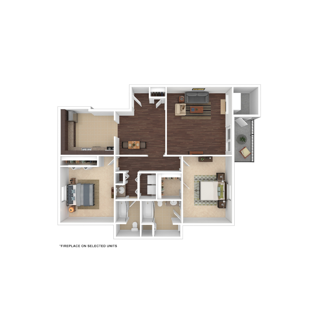 Floor plan for 2 beds, 2 baths, 1002 sqft