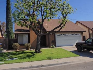 Fillmore house for rent - A tree with green leaves is in front of a house with a white garage door.