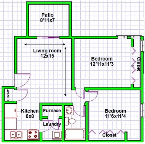 Floor plan for 2 beds, 1 bath, 610 sqft