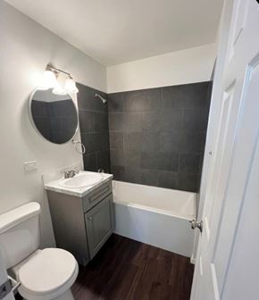 Castle Rock apartment for rent - A bathroom with a toilet, sink, and bathtub.