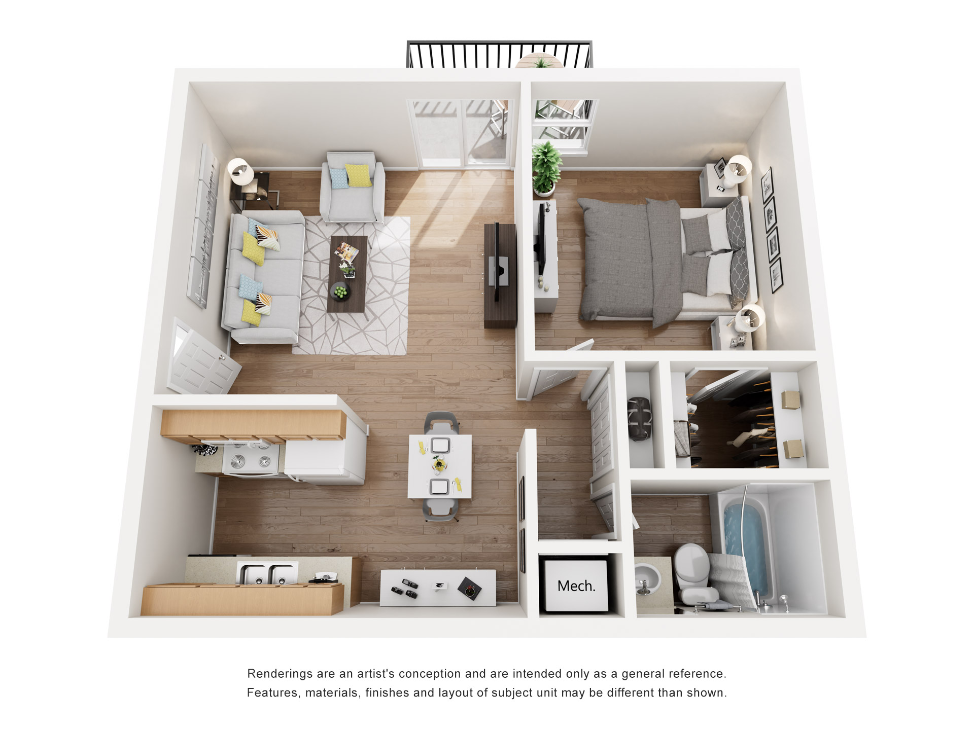 Floor plan for 1 bed, 1 bath, 650 sqft