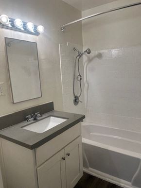 Los Angeles apartment for rent - A bathroom with a sink, mirror, and shower.
