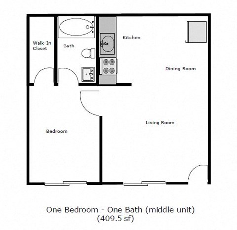 Floor plan for 1 bed, 1 bath, 450 sqft