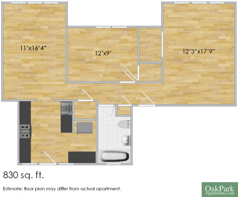 Floor plan for 1 bed, 1 bath, 830 sqft