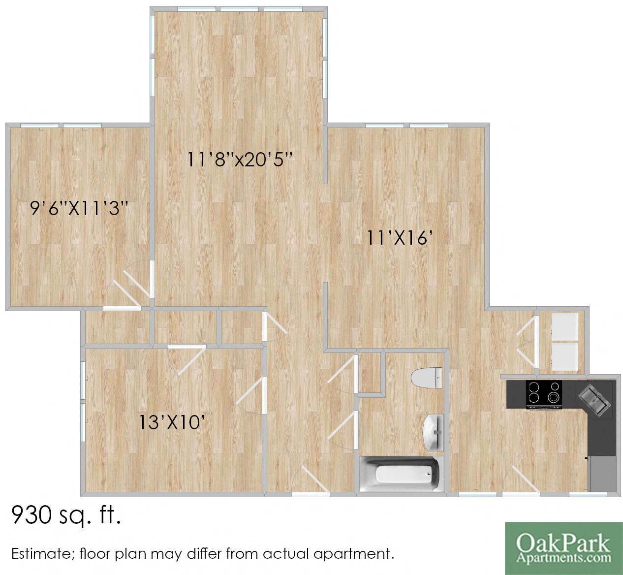 Floor plan for 2 beds, 1 bath, 1150 sqft