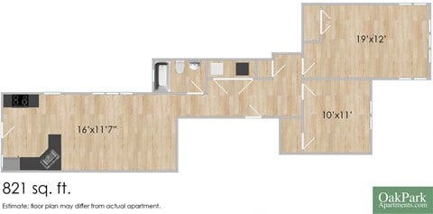 Floor plan for 1 bed, 1 bath, 821 sqft