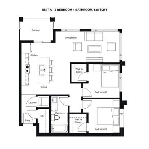 Floor plan for 2 beds, 1 bath, 838 sqft
