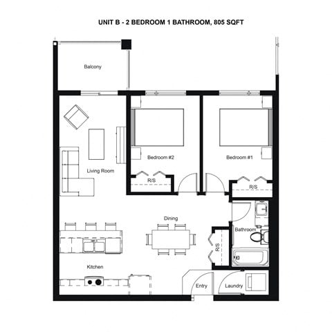 Floor plan for 2 beds, 1 bath, 805 sqft