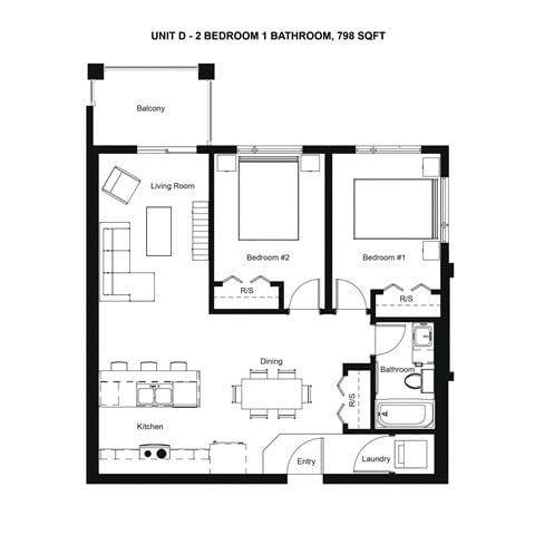 Floor plan for 2 beds, 1 bath, 798 sqft