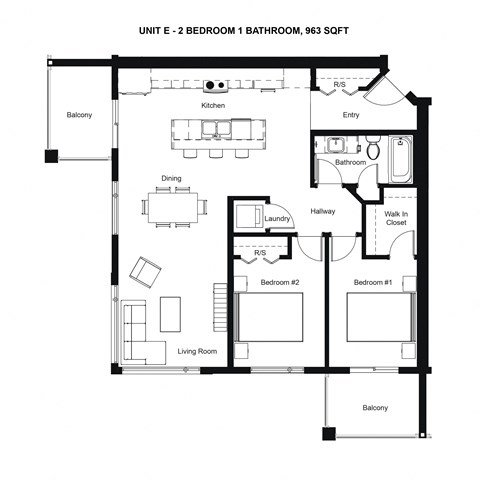 Floor plan for 2 beds, 1 bath, 963 sqft