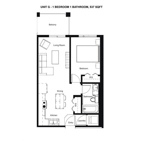 Floor plan for 1 bed, 1 bath, 537 sqft
