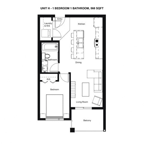 Floor plan for 1 bed, 1 bath, 568 sqft