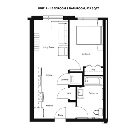 Floor plan for 1 bed, 1 bath, 533 sqft