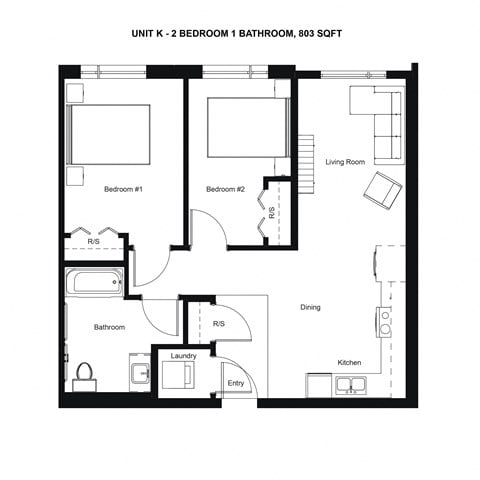 Floor plan for 2 beds, 1 bath, 803 sqft