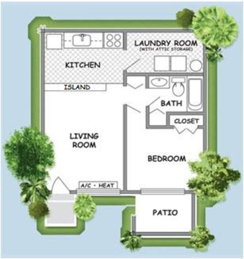 Floor plan for 1 bed, 1 bath, 576 sqft