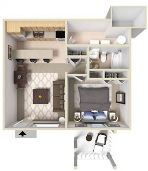 St. Augustine apartment for rent - A 3D rendered image of a small apartment layout.