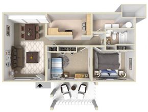 St. Augustine apartment for rent - A 3D floor plan of a small apartment with a bedroom, living room, and kitchen.