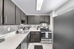 Boca Raton apartment for rent - A modern kitchen with black cabinets and stainless steel appliances.