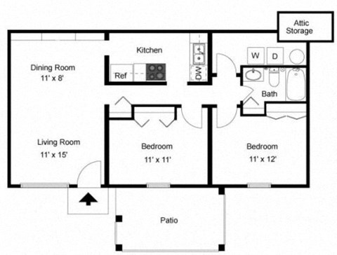 Floor plan for 2 beds, 1 bath, 900 sqft