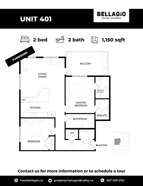 Floor plan for 2 beds, 2 baths, 1150 sqft