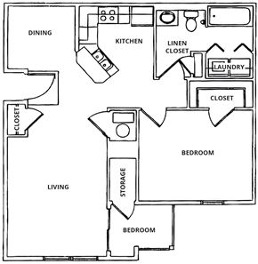 Port St Lucie apartment for rent - A black and white image of a floor plan for a house with labeled rooms such as Dining, Kitchen, Laundry, and Bedroom.