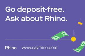Cincinnati apartment for rent - An advertisement for Rhino, a deposit-free service, is displayed with a purple background and images of money.