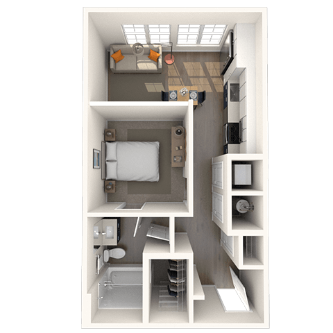 Floor plan for 1 bed, 1 bath, 558 sqft