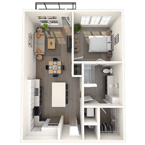 Floor plan for 1 bed, 1 bath, 744 sqft
