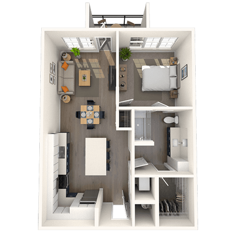 Floor plan for 1 bed, 1 bath, 768 sqft
