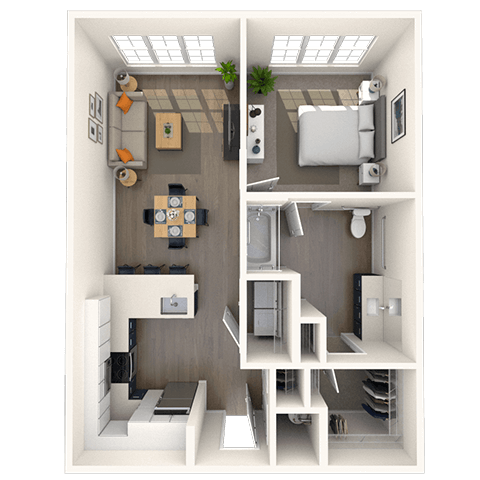 Floor plan for 1 bed, 1 bath, 744 sqft
