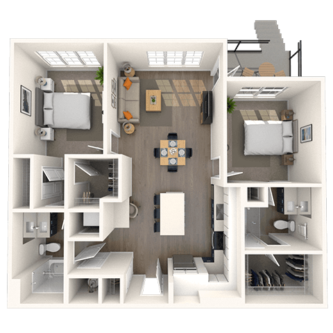 Floor plan for 2 beds, 2 baths, 1081 sqft