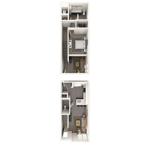 Floor plan for 1 bed, 1.5 baths, 857 sqft
