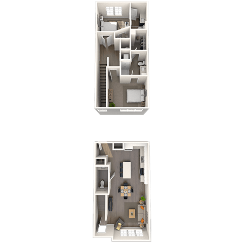 Floor plan for 2 beds, 2.5 baths, 1037 sqft
