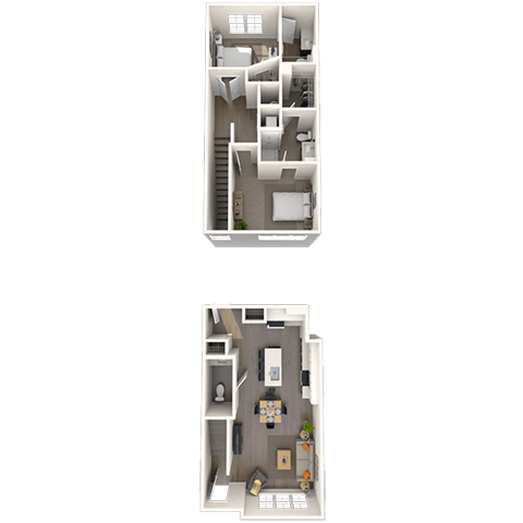Floor plan for 2 beds, 2.5 baths, 1027 sqft