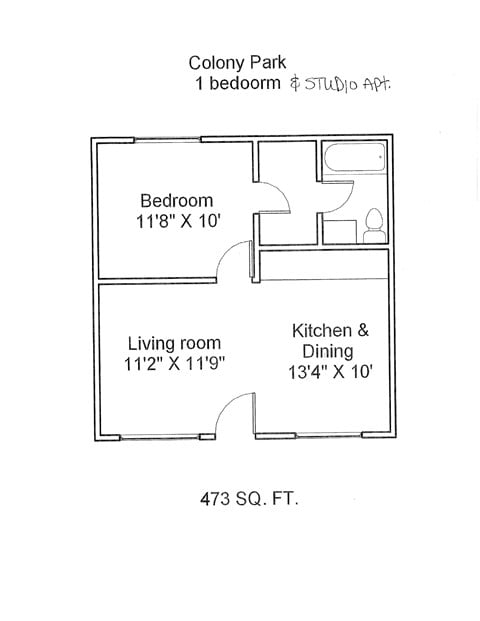 Floor plan for 1 bed, 1 bath, 473 sqft