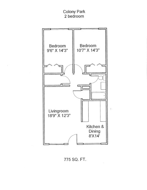 Floor plan for 2 beds, 1 bath, 775 sqft