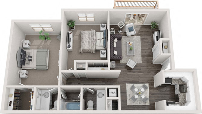 Floor plan for 2 beds, 1.5 baths, 950 sqft