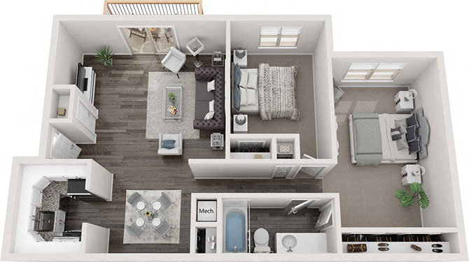 Floor plan for 2 beds, 1 bath, 891 sqft