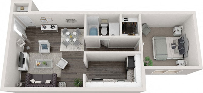Floor plan for 1 bed, 1 bath, 613 sqft