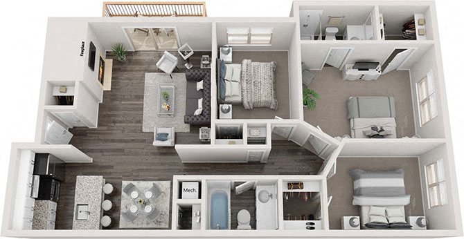 Floor plan for 3 beds, 2 baths, 1100 sqft