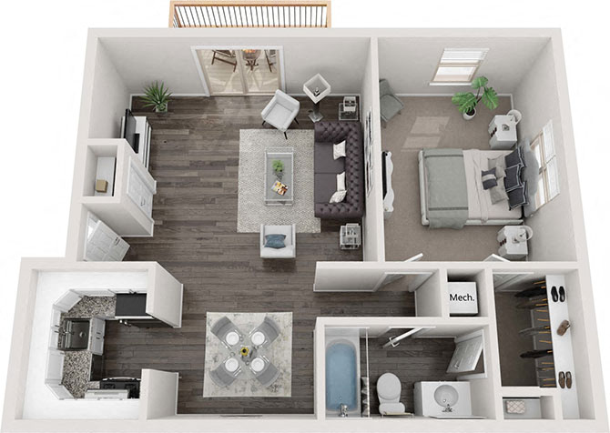 Floor plan for 1 bed, 1 bath, 750 sqft