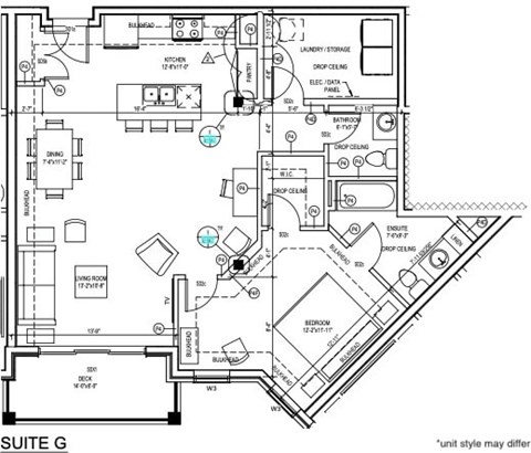 Floor plan for 1 bed, 2 baths, 1000 sqft