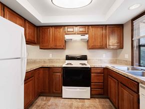 Vancouver apartment for rent - a kitchen with wooden cabinets and a stove and a refrigerator